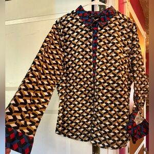 New York & Company Geometric Print Blouse in Black, Blue, Red & Tan